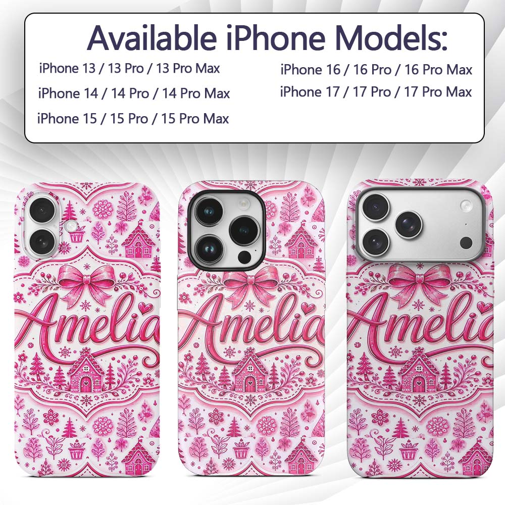Cute Pink Christmas Icon Doodle Holiday Seamless Custom Name Protective Phone Case Mobile Cover Durable Everyday Smartphone Shock Resistant
