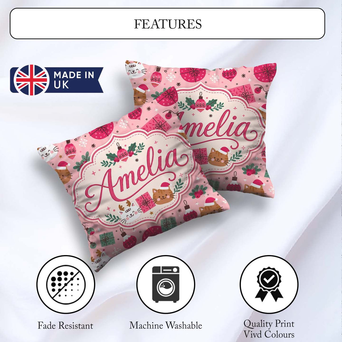 Custom Name Cats Gifts and Baubles Pink Festive Seamless Pattern Square Filled Cushion Throw Pillow Sofa Bed Home Decor Zip Washable UK Made