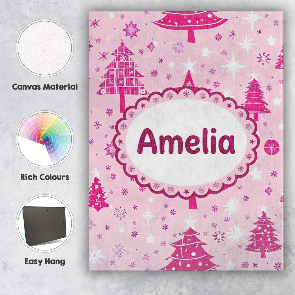 Personalised Name Pink Christmas Tree Custom Modern Room Accent Creative Decorator Style Canvas Wall Art Print Decor Picture Ready to Hang