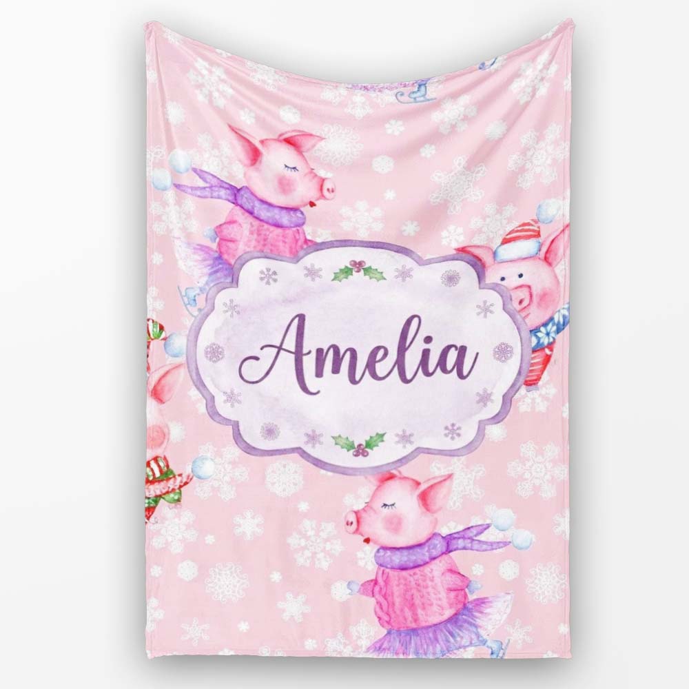 Cute Winter Pig Ice Skating Snowflake Seamless Pattern Lovely Personalised Custom Name Super Soft Fleece Blanket Bed Sofa Throw