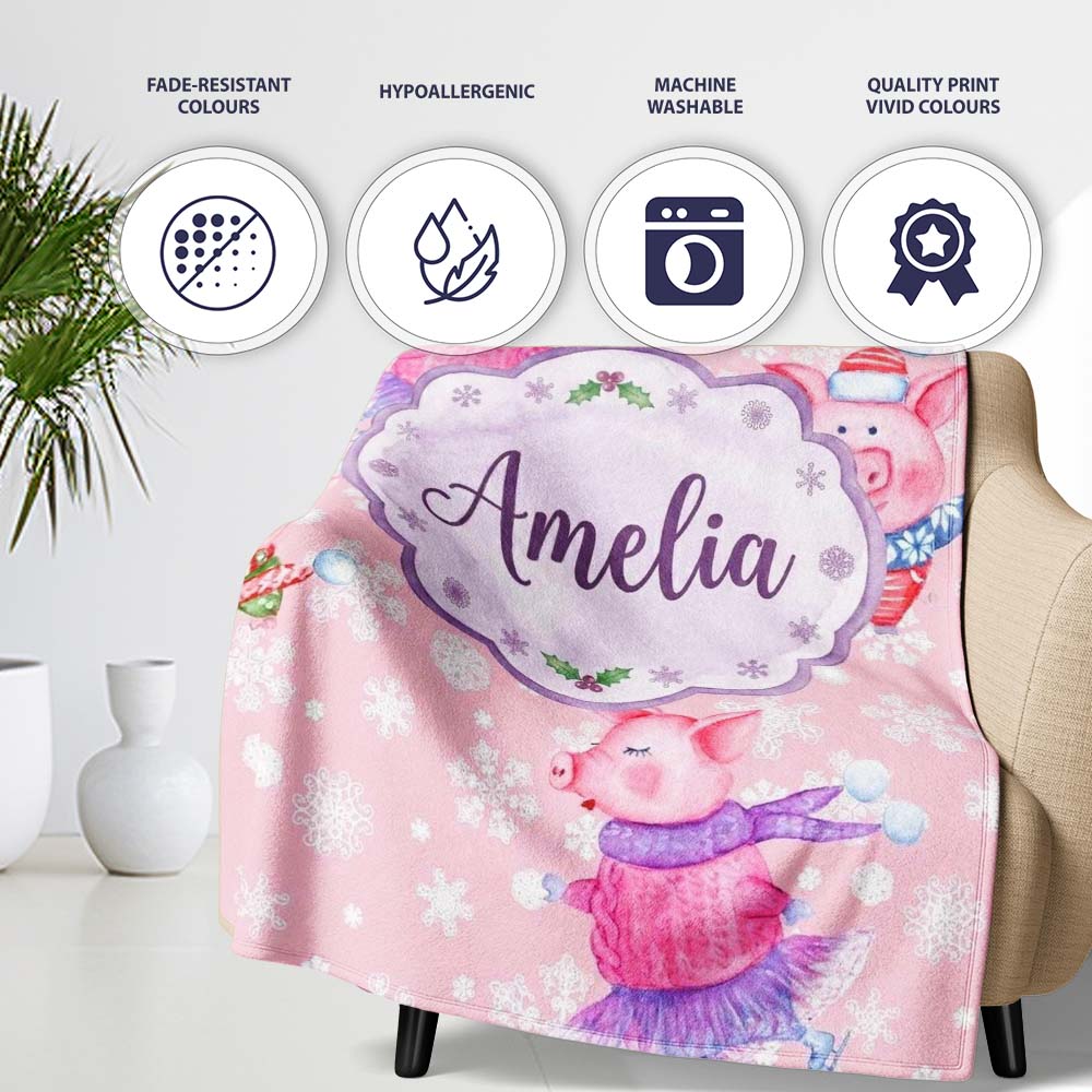 Cute Winter Pig Ice Skating Snowflake Seamless Pattern Lovely Personalised Custom Name Super Soft Fleece Blanket Bed Sofa Throw
