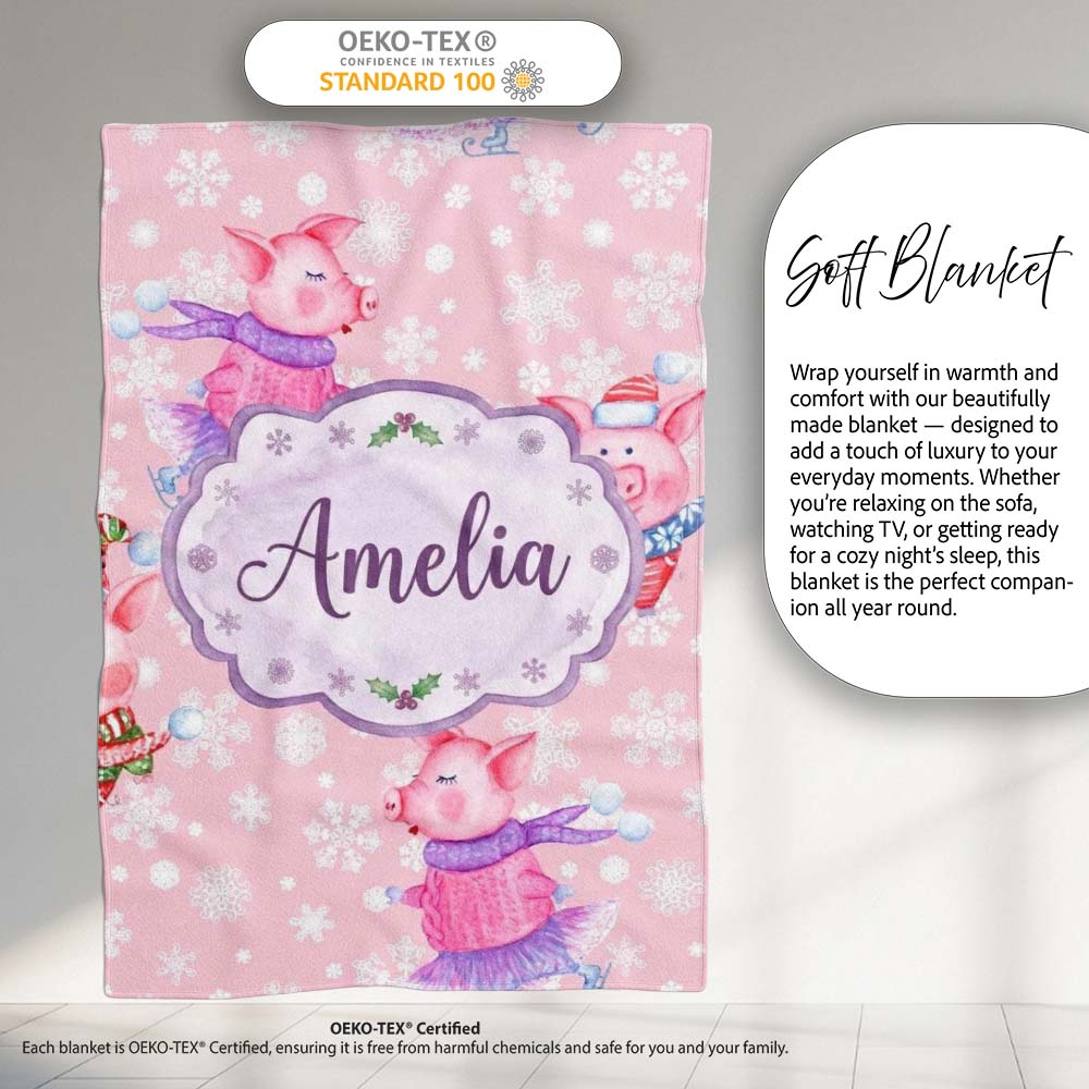 Cute Winter Pig Ice Skating Snowflake Seamless Pattern Lovely Personalised Custom Name Super Soft Fleece Blanket Bed Sofa Throw