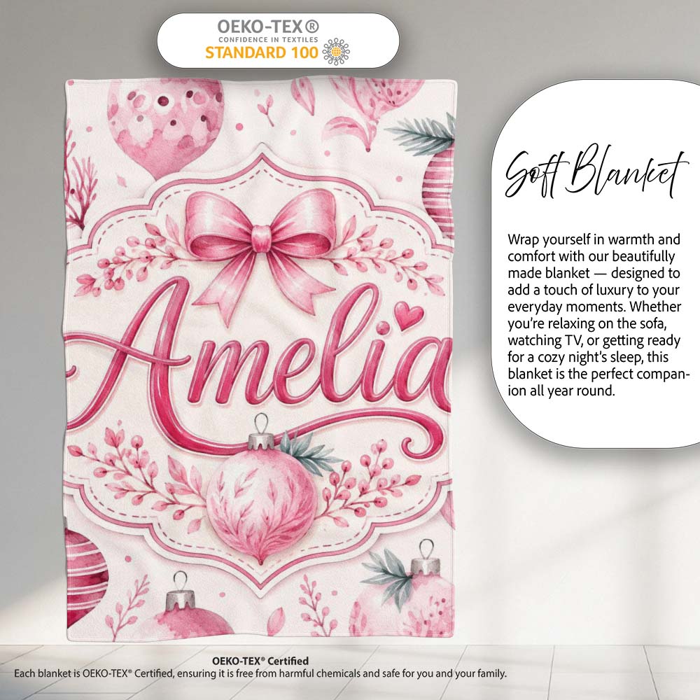 Elegant Pink Watercolor Christmas Baubles Seamless Pattern Lovely Personalised Custom Name Super Soft Fleece Blanket Bed Sofa Throw