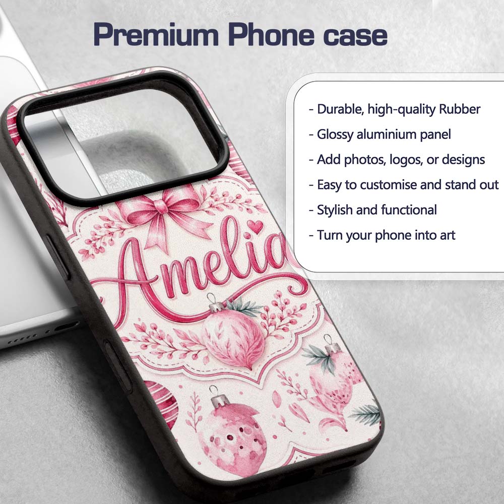 Elegant Pink Watercolor Christmas Printed Design Custom Name Protective Phone Case Mobile Cover Durable Everyday Smartphone Shock Resistant