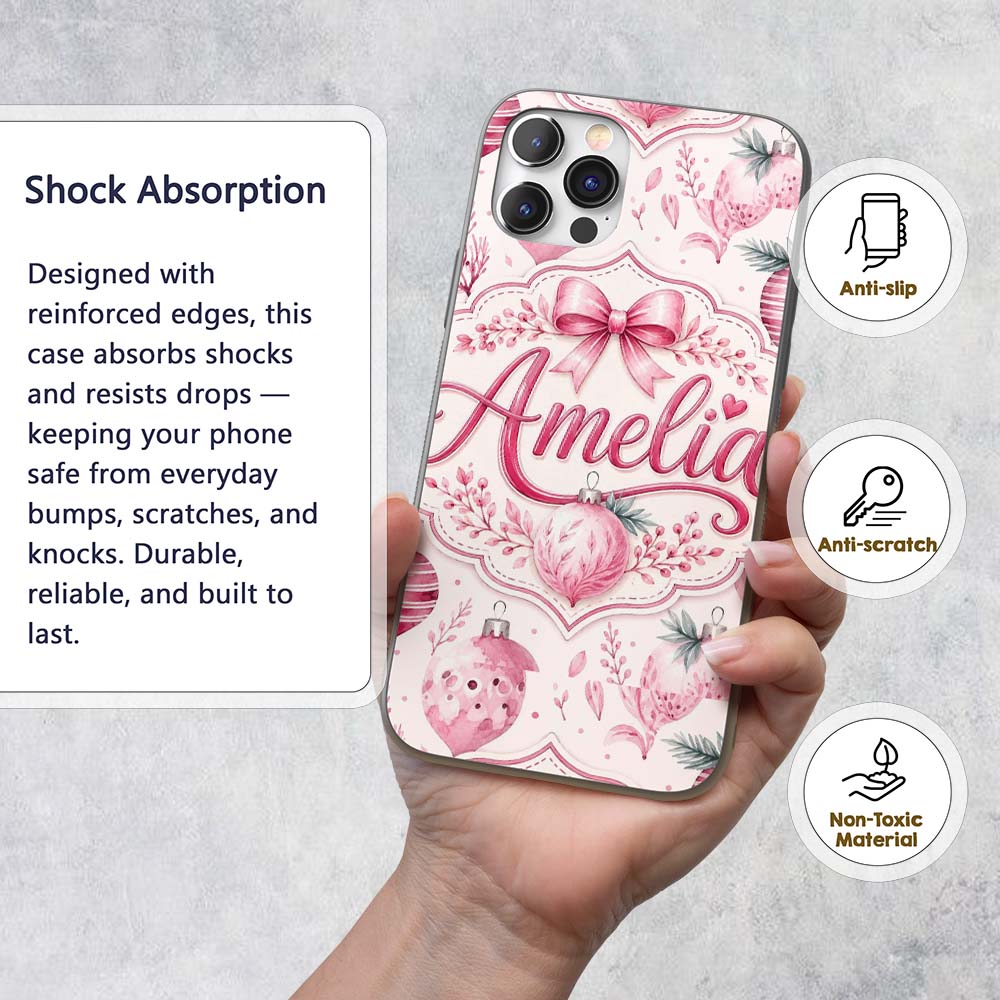 Elegant Pink Watercolor Christmas Printed Design Custom Name Protective Phone Case Mobile Cover Durable Everyday Smartphone Shock Resistant