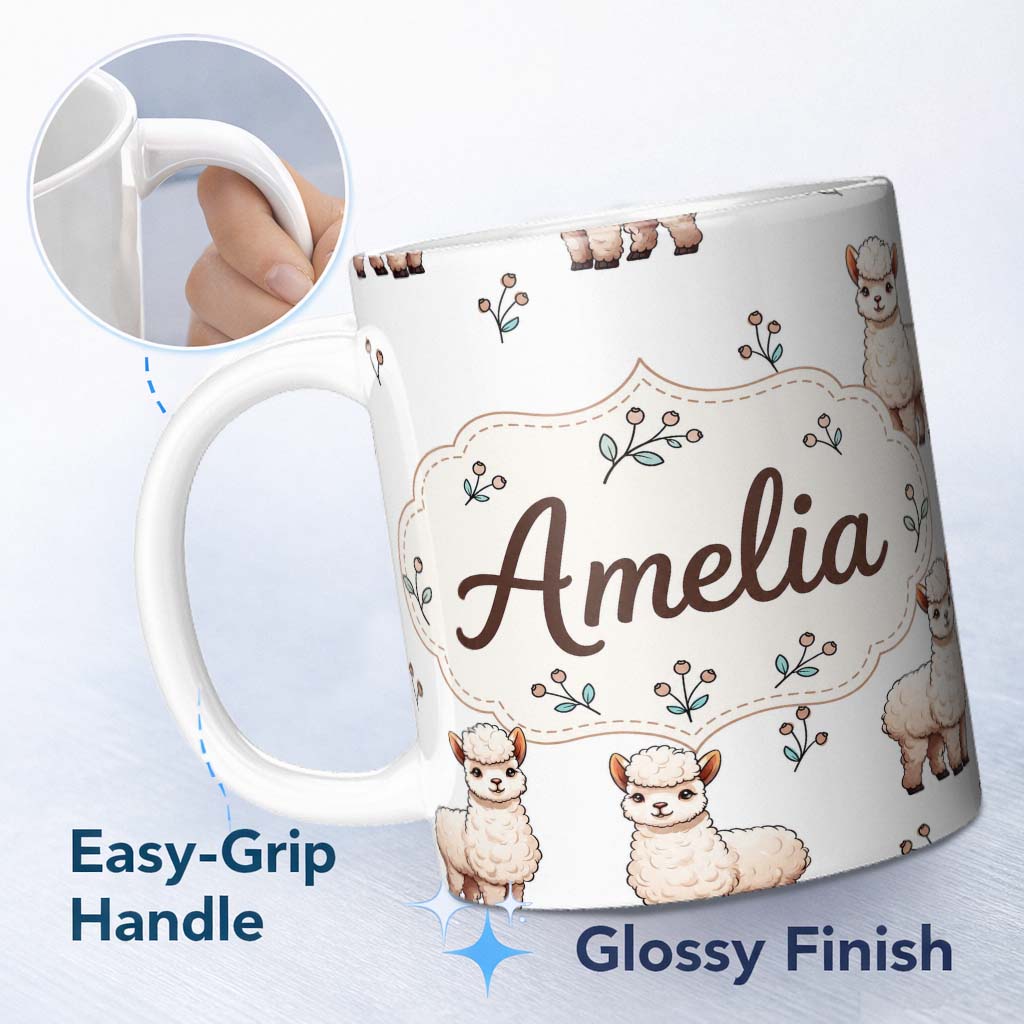 Personalized Custom Name Cute Alpaca Llama Farm Animals Floral Seamless Pattern Light Grey 11oz Ceramic Coffee Tea Mug White Large Handle