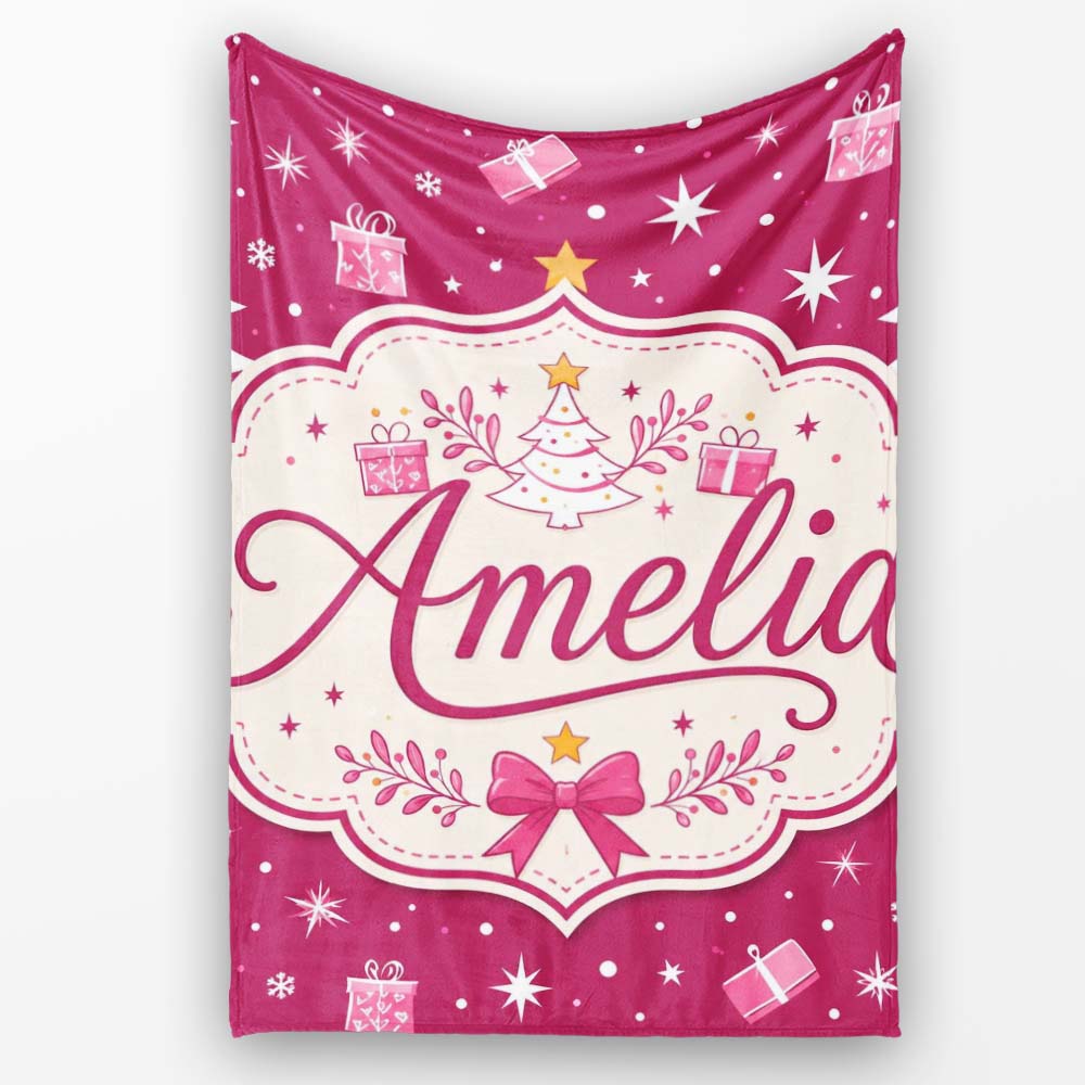 White Christmas Tree Stars Gift Pink Background Seamless Pattern Personalised Custom Name Super Soft Fleece Blanket Bed Sofa Throw