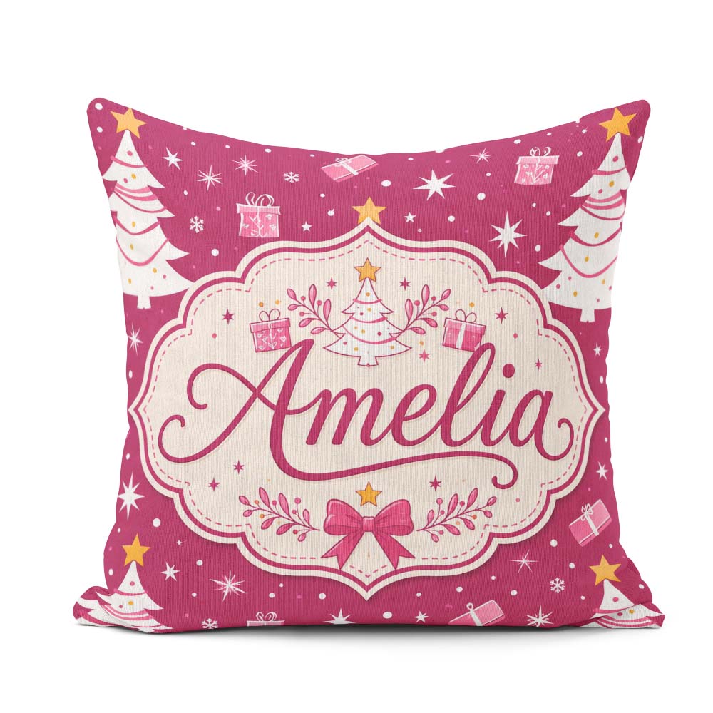 Custom Name White Christmas Tree Stars Pink Background Seamless Square Filled Cushion Throw Pillow Sofa Bed Home Decor Zip Washable UK Made