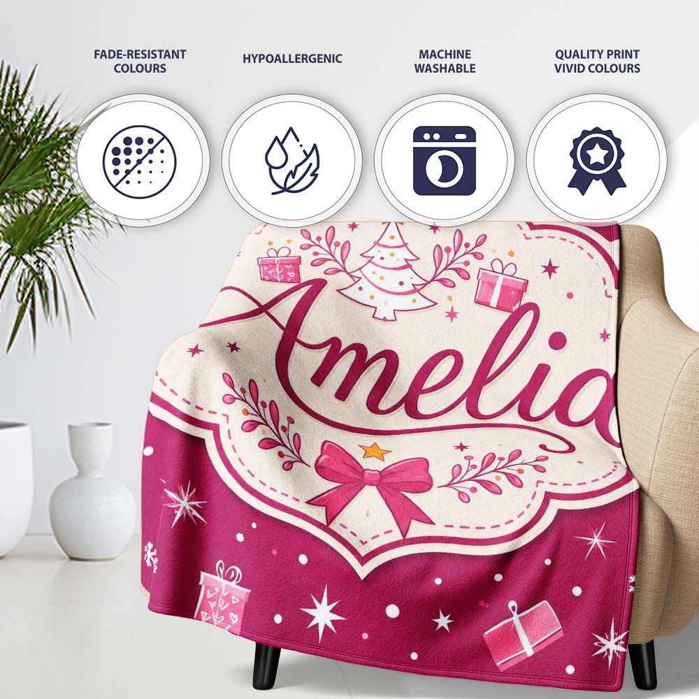 White Christmas Tree Stars Gift Pink Background Seamless Pattern Personalised Custom Name Super Soft Fleece Blanket Bed Sofa Throw