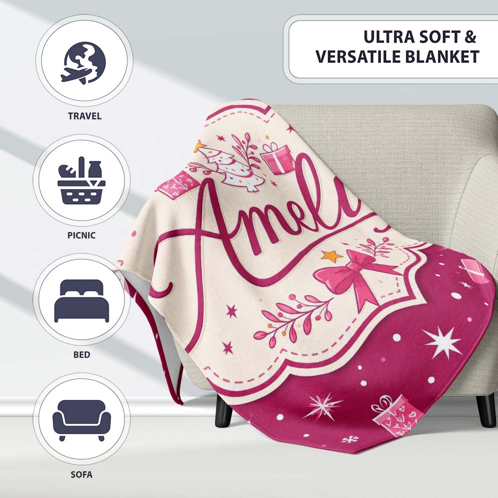 White Christmas Tree Stars Gift Pink Background Seamless Pattern Personalised Custom Name Super Soft Fleece Blanket Bed Sofa Throw