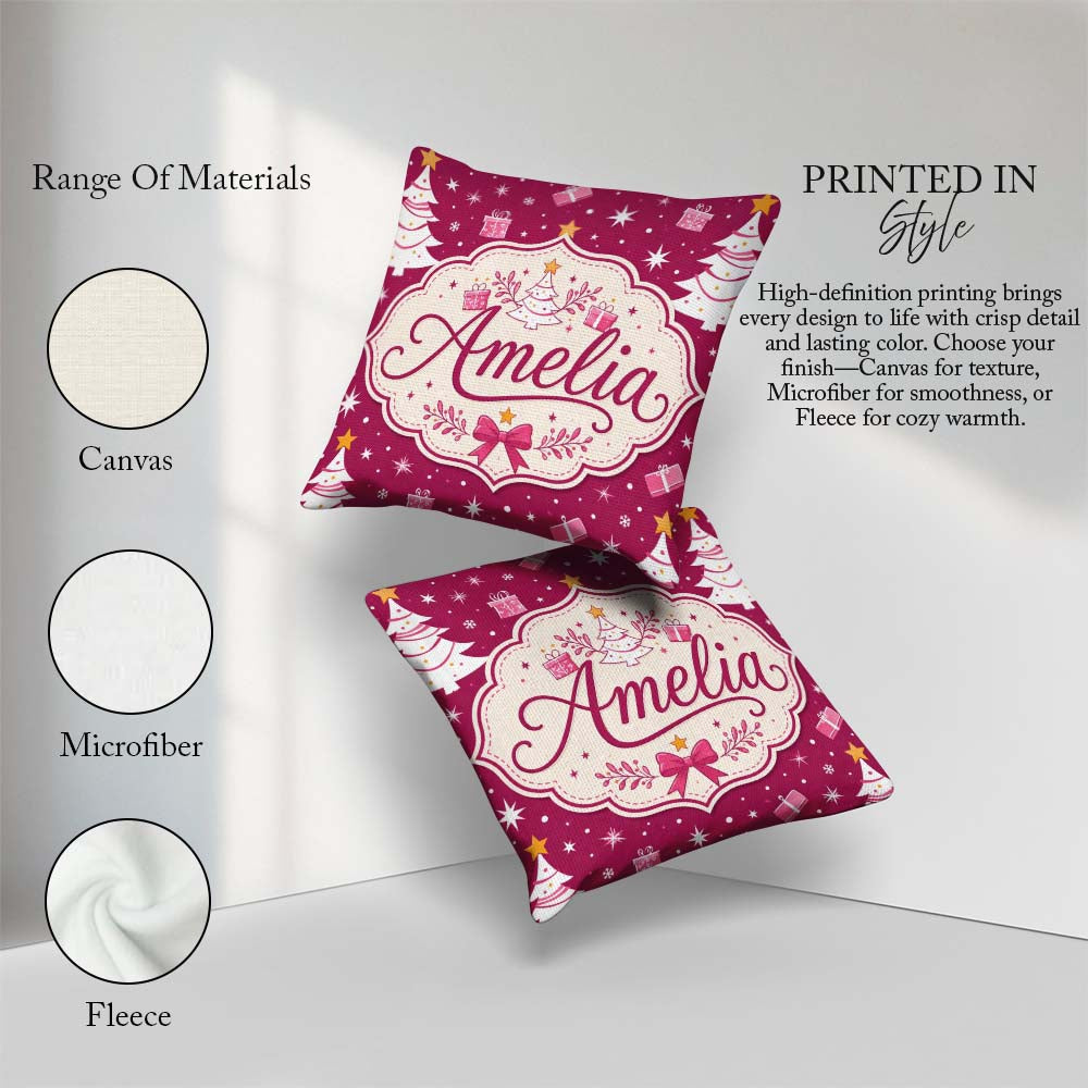 Custom Name White Christmas Tree Stars Pink Background Seamless Square Filled Cushion Throw Pillow Sofa Bed Home Decor Zip Washable UK Made