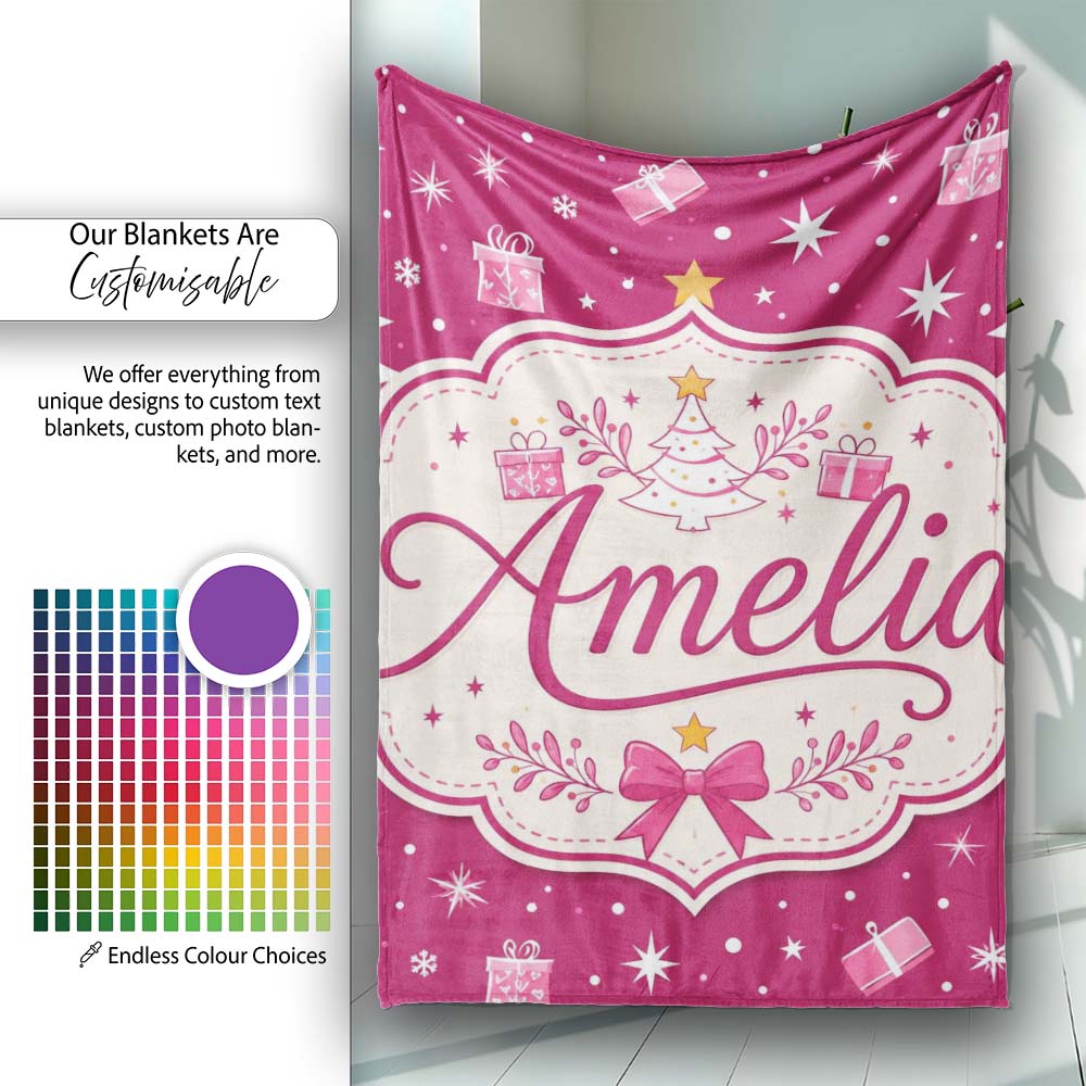 White Christmas Tree Stars Gift Pink Background Seamless Pattern Personalised Custom Name Super Soft Fleece Blanket Bed Sofa Throw