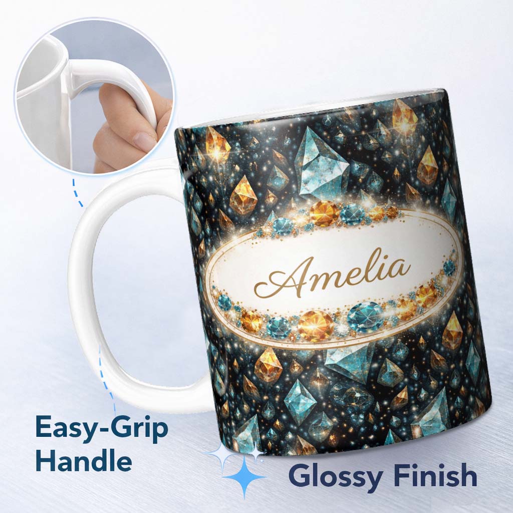 Personalized Custom Name Abstract Teal Gold Crystal Texture Seamless Pattern Cute Unique Gift 11oz Ceramic Coffee Tea Mug White Large Handle