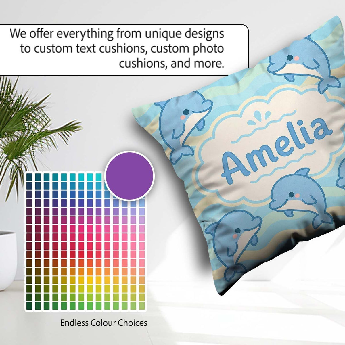 Custom Name Cute Dolphin Waves Cartoon Animal Pattern Cute Gift Square Filled Cushion Throw Pillow Sofa Bed Home Decor Zip Washable UK Made