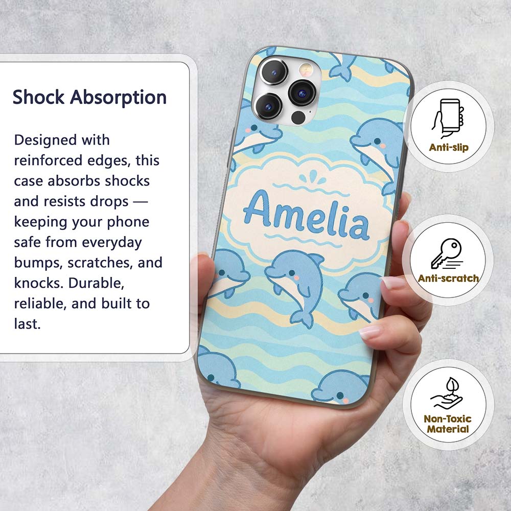 Cute Dolphin Waves Cartoon Animal Pattern Cute Custom Name Protective Phone Case Mobile Cover Durable Everyday Smartphone Shock Resistant