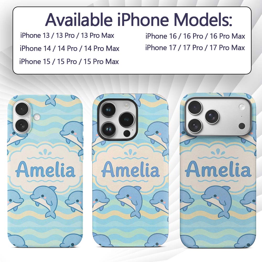 Cute Dolphin Waves Cartoon Animal Pattern Cute Custom Name Protective Phone Case Mobile Cover Durable Everyday Smartphone Shock Resistant