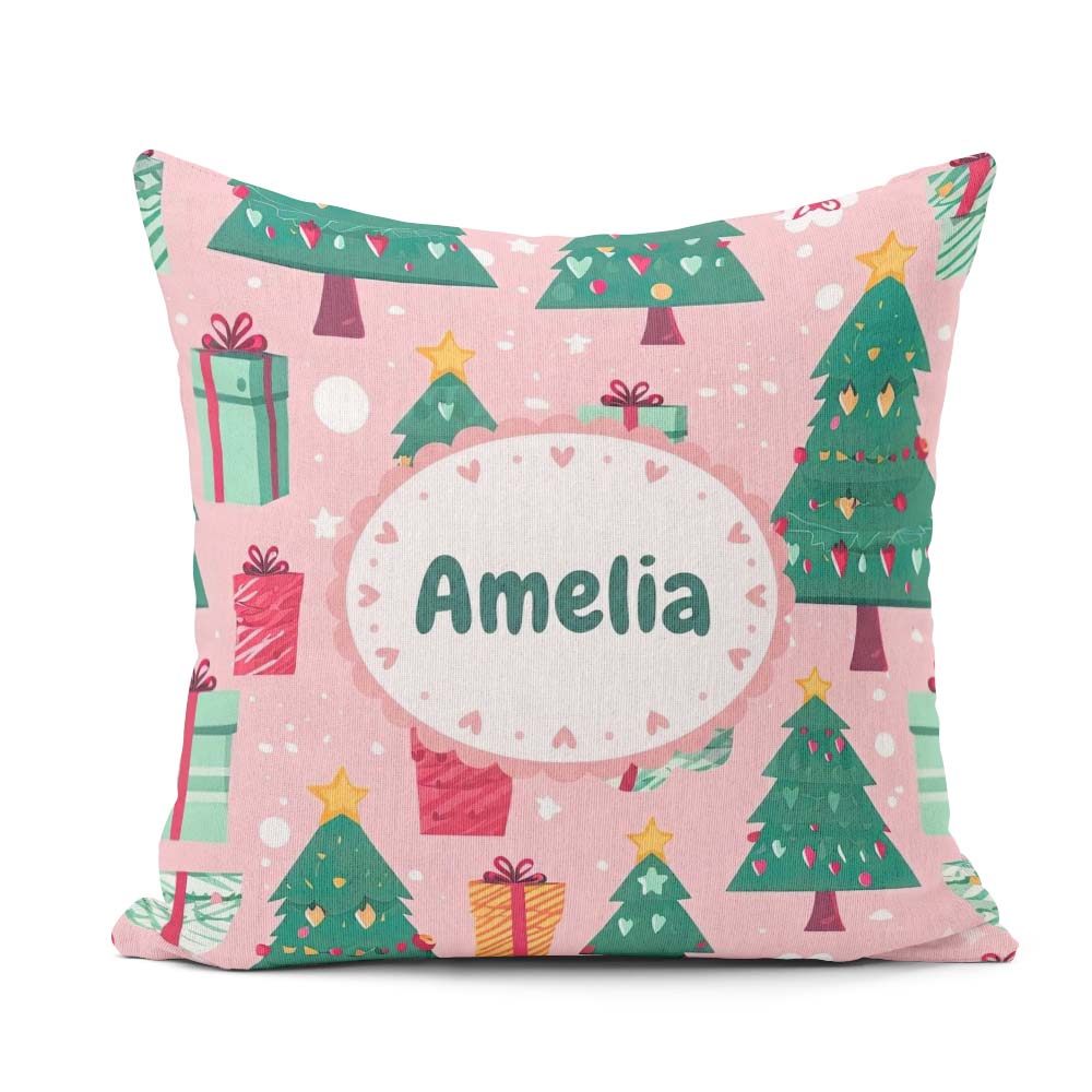 Custom Name Festive Green Christmas Tree Gifts Holiday Seamless Square Filled Cushion Throw Pillow Sofa Bed Home Decor Zip Washable UK Made