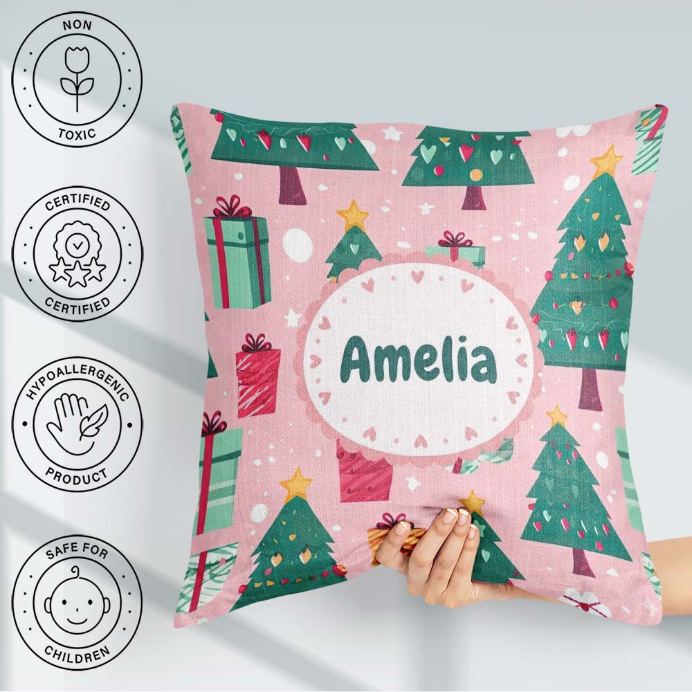 Custom Name Festive Green Christmas Tree Gifts Holiday Seamless Square Filled Cushion Throw Pillow Sofa Bed Home Decor Zip Washable UK Made