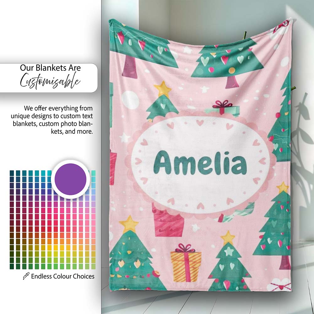 Festive Green Christmas Tree Gifts Cute Holiday Seamless Pattern Personalised Custom Name Super Soft Fleece Blanket Bed Sofa Throw