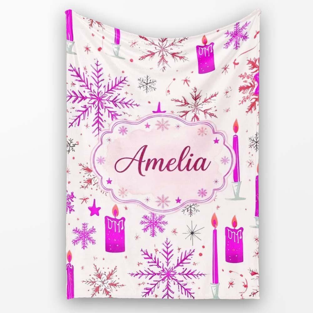Pink Snowflake Candle Winter Holiday Seamless Pattern Lovely Personalised Custom Name Super Soft Fleece Blanket Bed Sofa Throw