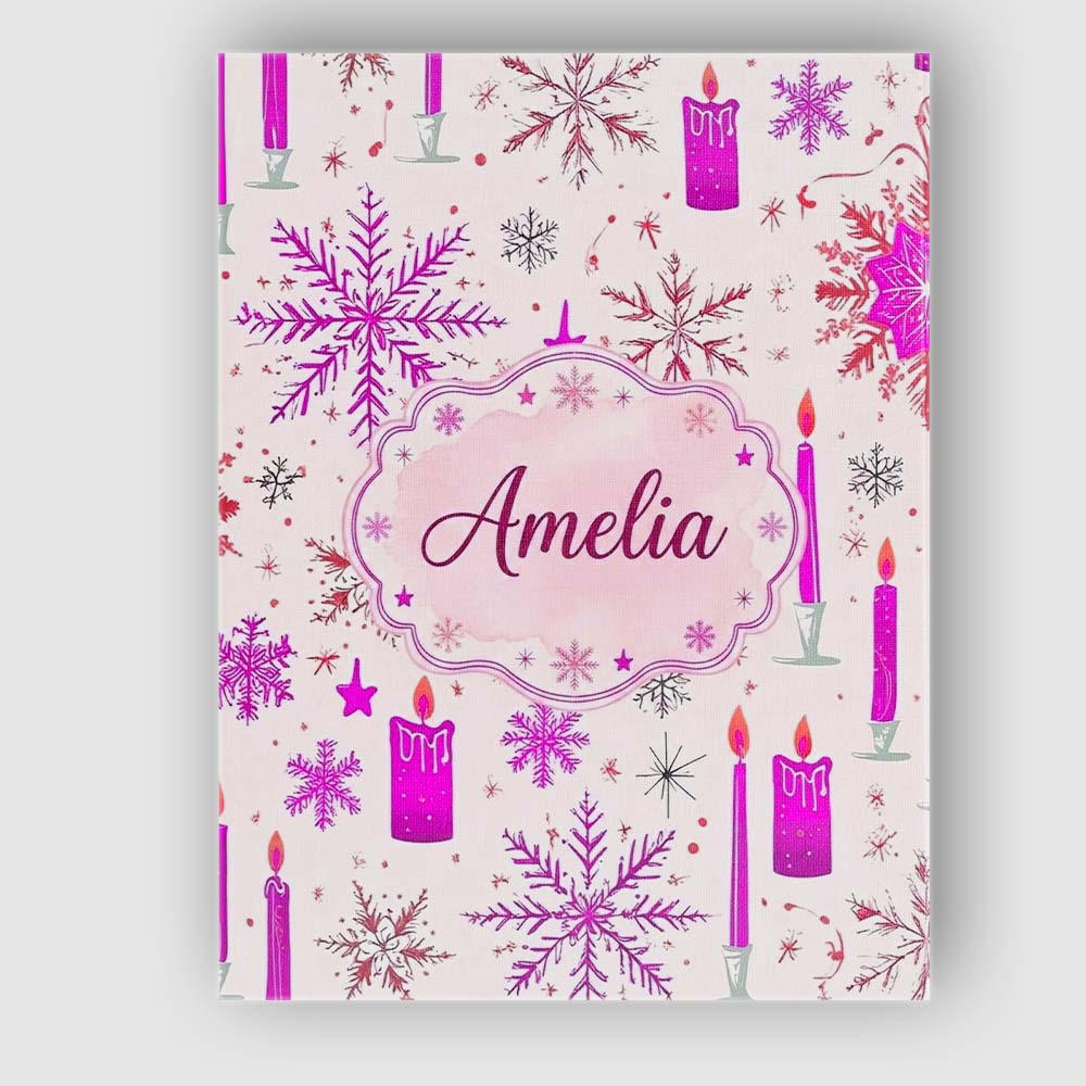 Personalised Name Pink Snowflake Candle Custom Modern Room Accent Elegant Feature Canvas Wall Art Print Decor Picture Ready to Hang