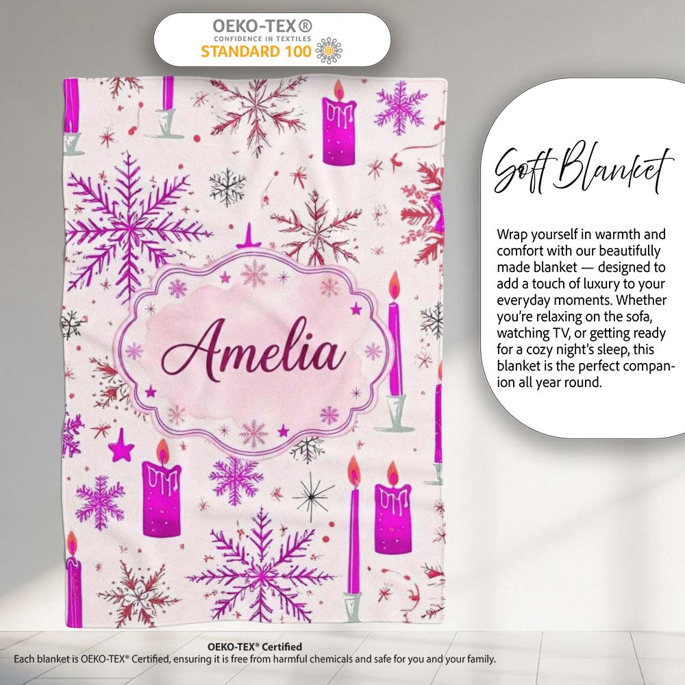 Pink Snowflake Candle Winter Holiday Seamless Pattern Lovely Personalised Custom Name Super Soft Fleece Blanket Bed Sofa Throw