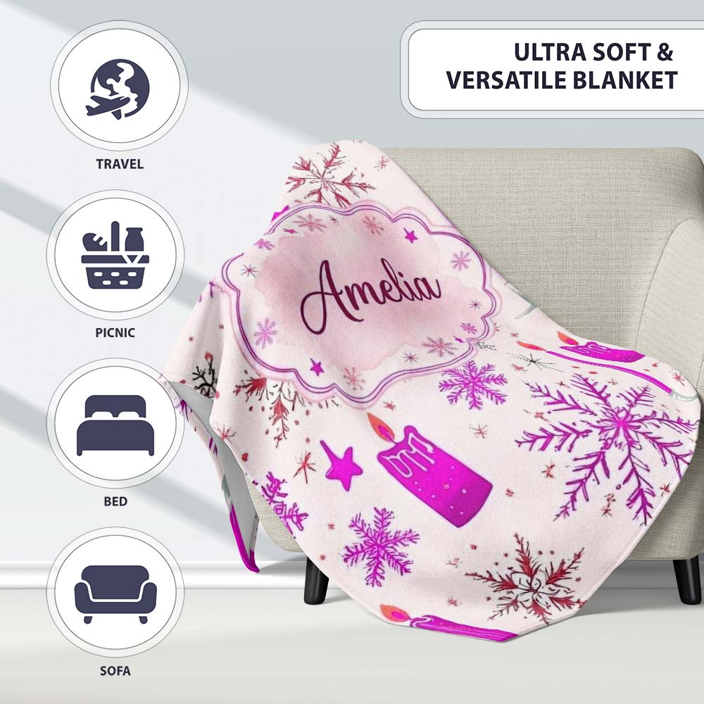 Pink Snowflake Candle Winter Holiday Seamless Pattern Lovely Personalised Custom Name Super Soft Fleece Blanket Bed Sofa Throw