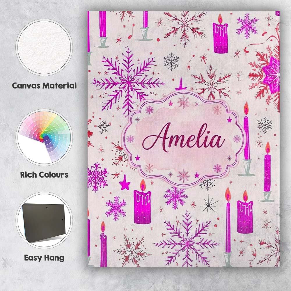 Personalised Name Pink Snowflake Candle Custom Modern Room Accent Elegant Feature Canvas Wall Art Print Decor Picture Ready to Hang