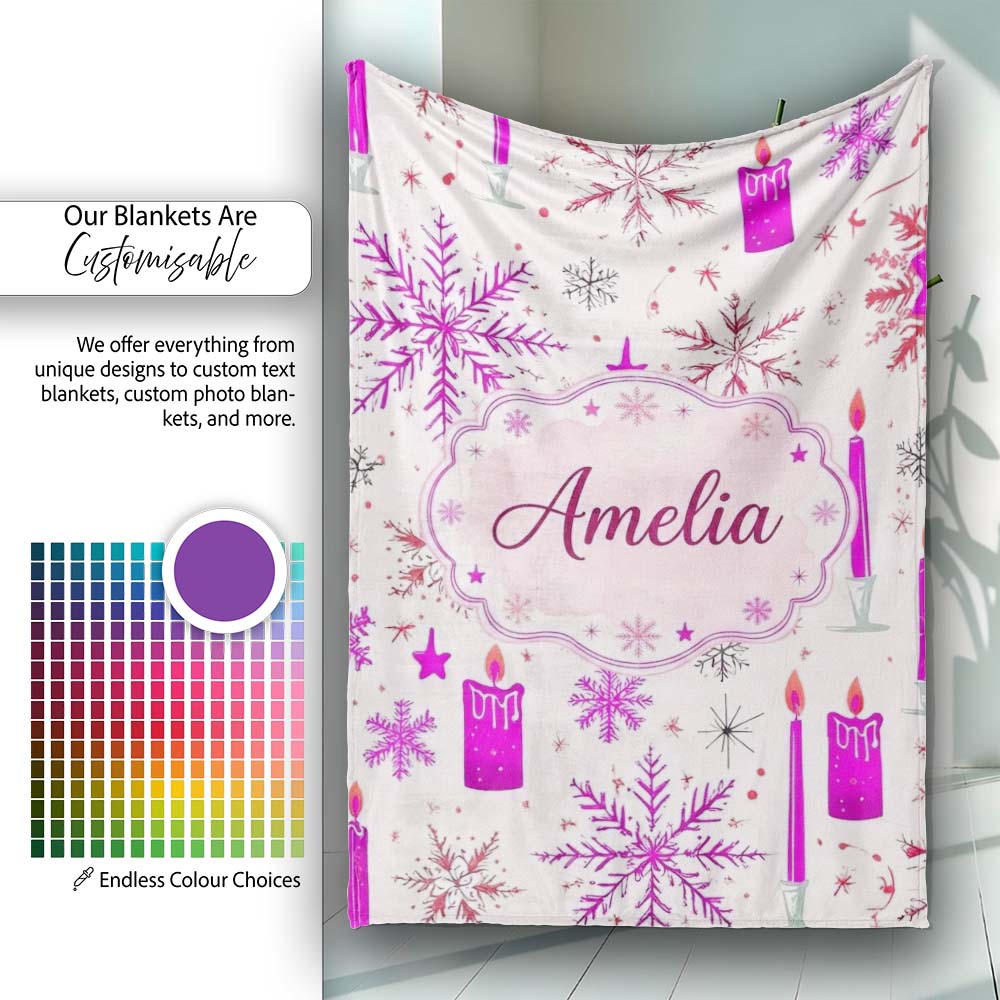 Pink Snowflake Candle Winter Holiday Seamless Pattern Lovely Personalised Custom Name Super Soft Fleece Blanket Bed Sofa Throw