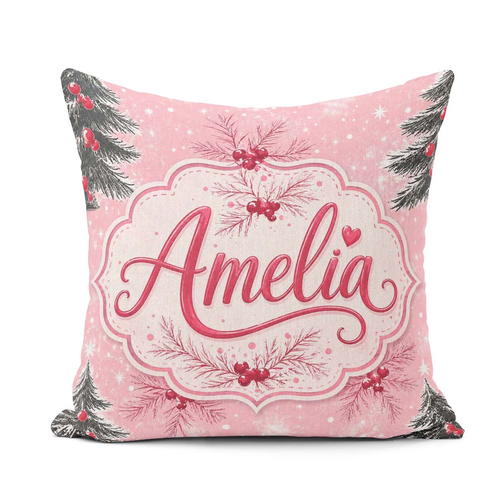 Custom Name Winter Pine Branch Berry Snowy Pink Seamless Pattern Square Filled Cushion Throw Pillow Sofa Bed Home Decor Zip Washable UK Made