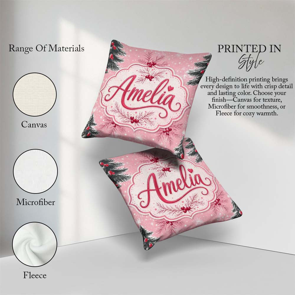 Custom Name Winter Pine Branch Berry Snowy Pink Seamless Pattern Square Filled Cushion Throw Pillow Sofa Bed Home Decor Zip Washable UK Made