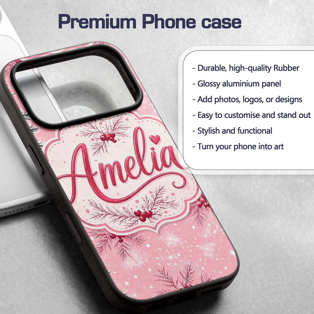 Winter Pine Branch Red Berry Snowy Pink Seamless Custom Name Protective Phone Case Mobile Cover Durable Everyday Smartphone Shock Resistant