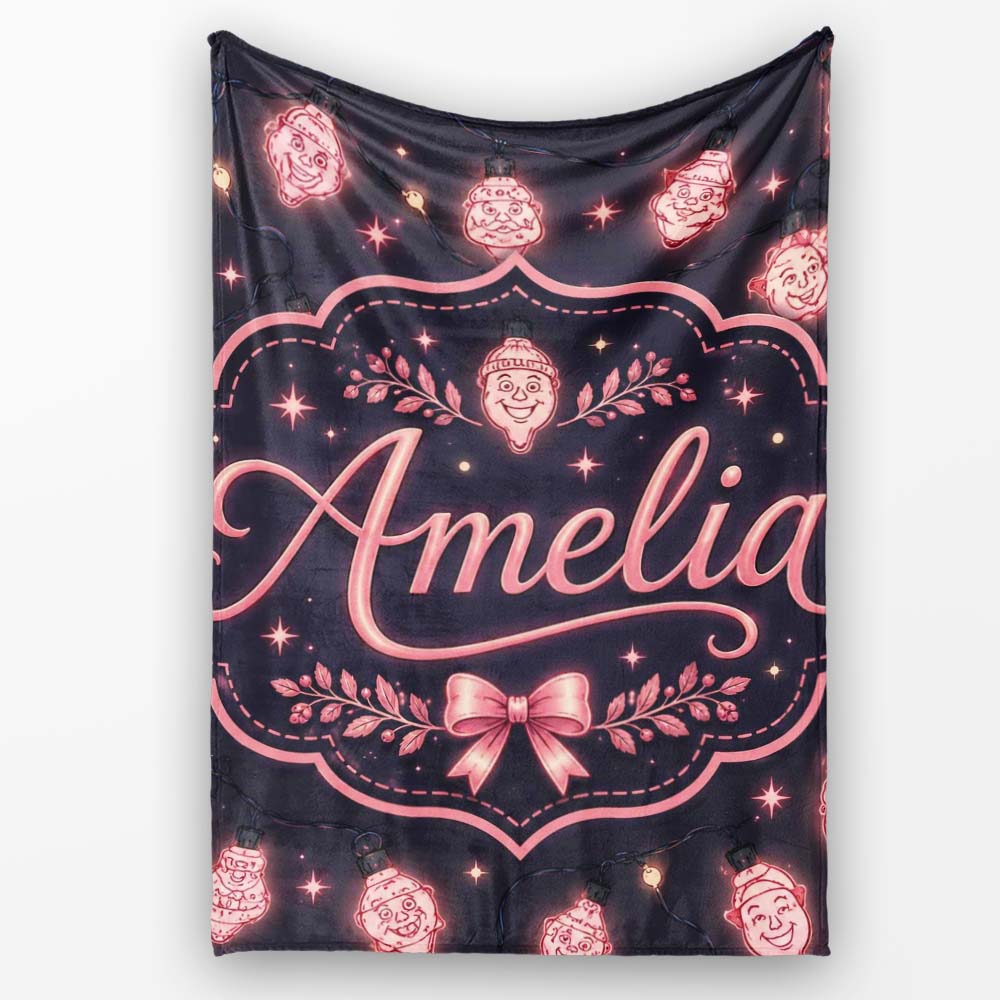 Cute Christmas String Lights Santa Snowman Festive Glow Seamless Personalised Custom Name Super Soft Fleece Blanket Bed Sofa Throw