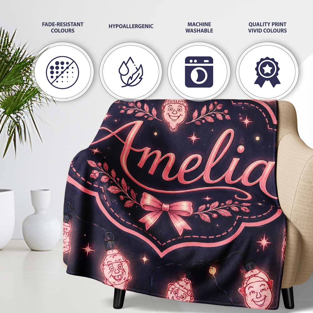Cute Christmas String Lights Santa Snowman Festive Glow Seamless Personalised Custom Name Super Soft Fleece Blanket Bed Sofa Throw