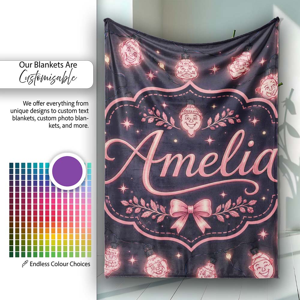 Cute Christmas String Lights Santa Snowman Festive Glow Seamless Personalised Custom Name Super Soft Fleece Blanket Bed Sofa Throw
