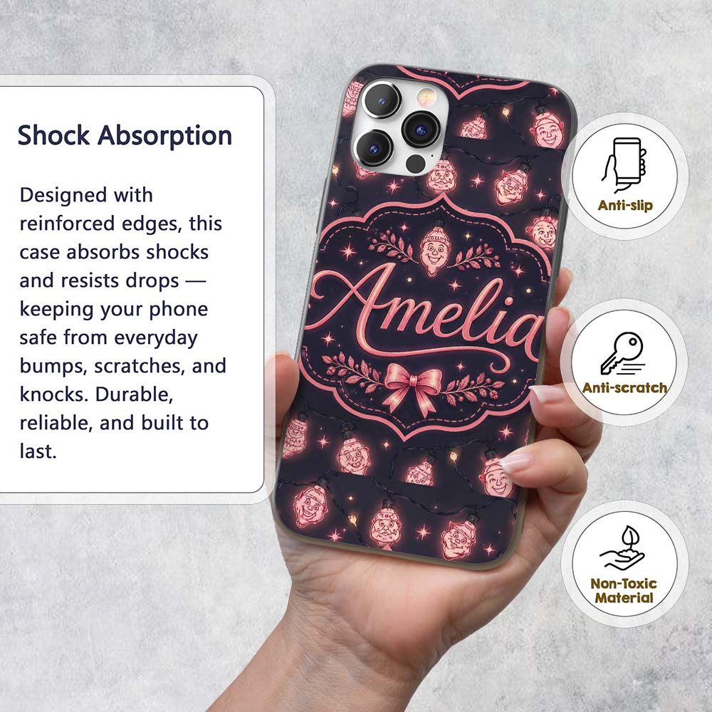 Cute Christmas String Lights Santa Printed Design Custom Name Protective Phone Case Mobile Cover Durable Everyday Smartphone Shock Resistant