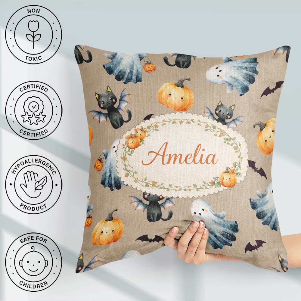 Custom Name Ghost Pumpkin Cat Seamless Pattern Taupe Cute Spooky Square Filled Cushion Throw Pillow Sofa Bed Home Decor Zip Washable UK Made