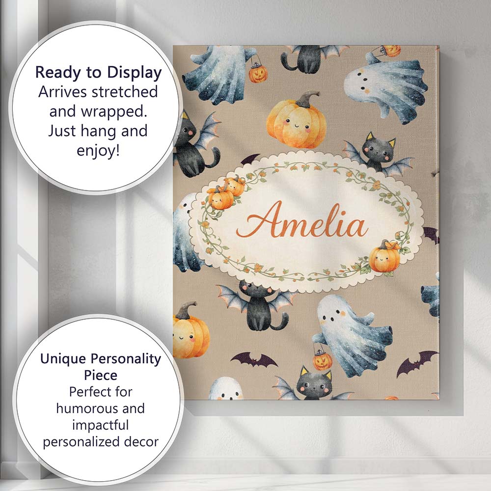 Personalised Name Halloween Ghost Pumpkin Cat Seamless Pattern Taupe Custom Home Canvas Wall Art Print Decor Picture Ready to Hang