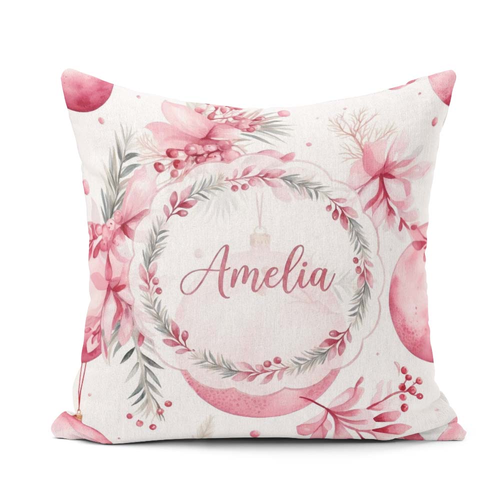 Custom Name Elegant Pink Floral Baubles Winter Holiday Seamless Square Filled Cushion Throw Pillow Sofa Bed Home Decor Zip Washable UK Made