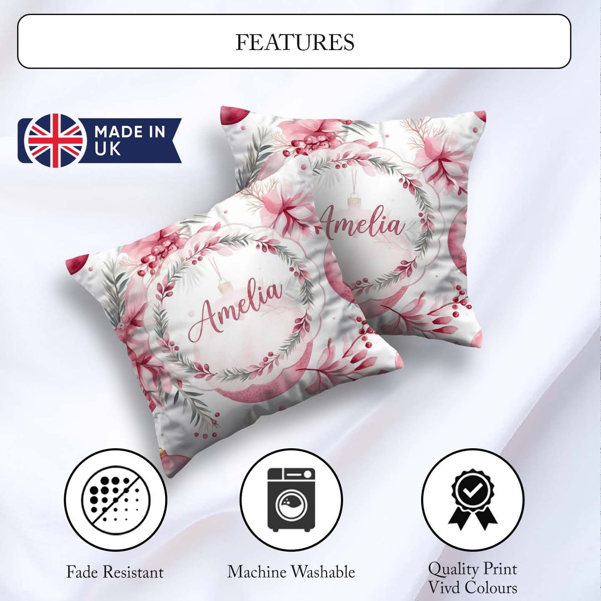 Custom Name Elegant Pink Floral Baubles Winter Holiday Seamless Square Filled Cushion Throw Pillow Sofa Bed Home Decor Zip Washable UK Made
