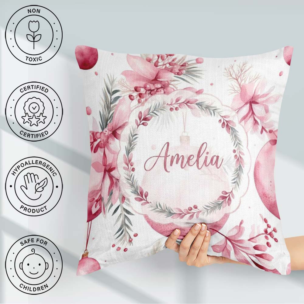 Custom Name Elegant Pink Floral Baubles Winter Holiday Seamless Square Filled Cushion Throw Pillow Sofa Bed Home Decor Zip Washable UK Made