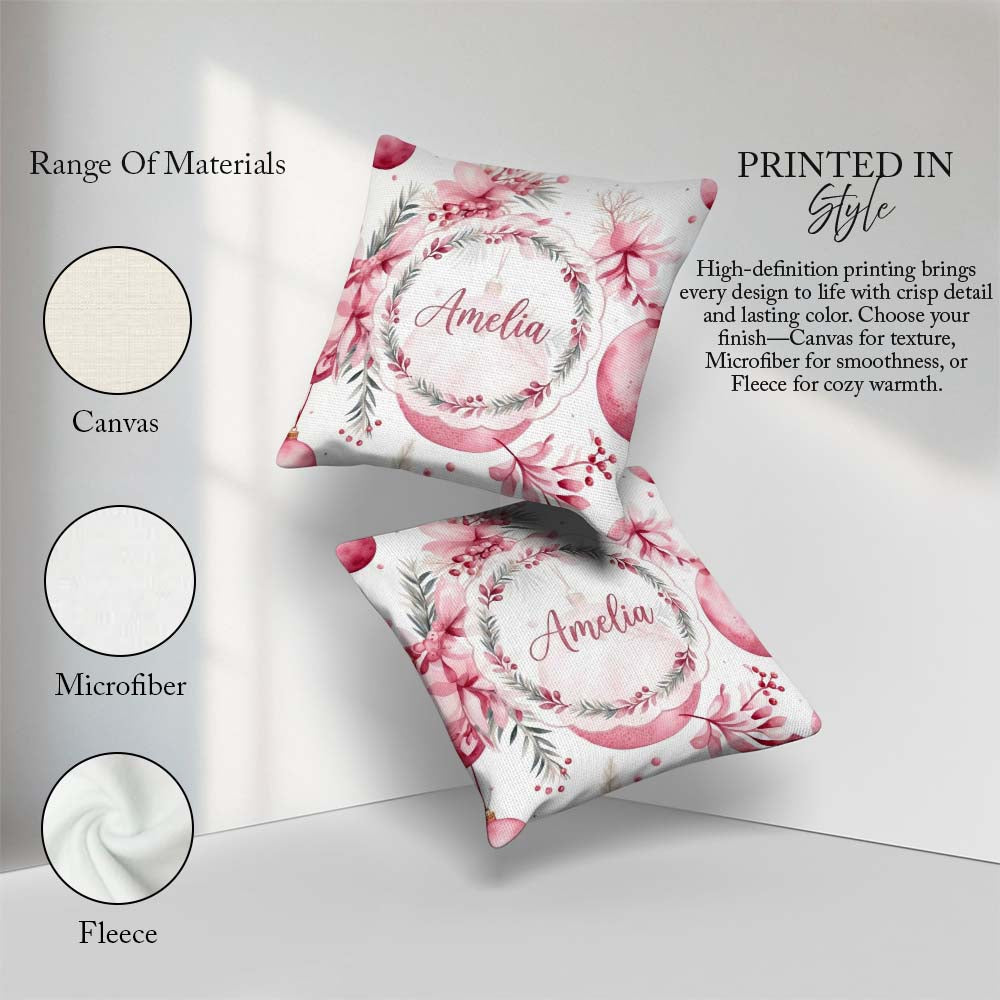 Custom Name Elegant Pink Floral Baubles Winter Holiday Seamless Square Filled Cushion Throw Pillow Sofa Bed Home Decor Zip Washable UK Made