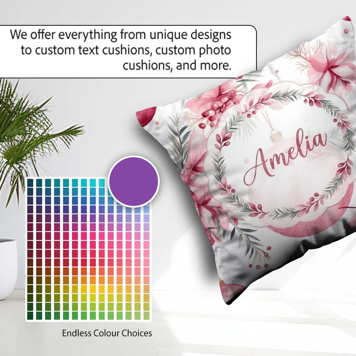 Custom Name Elegant Pink Floral Baubles Winter Holiday Seamless Square Filled Cushion Throw Pillow Sofa Bed Home Decor Zip Washable UK Made
