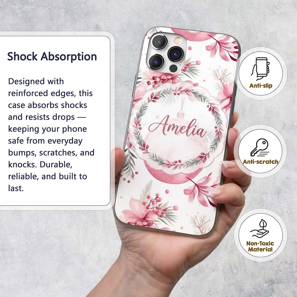 Elegant Pink Watercolor Floral Baubles Winter Custom Name Protective Phone Case Mobile Cover Durable Everyday Smartphone Shock Resistant