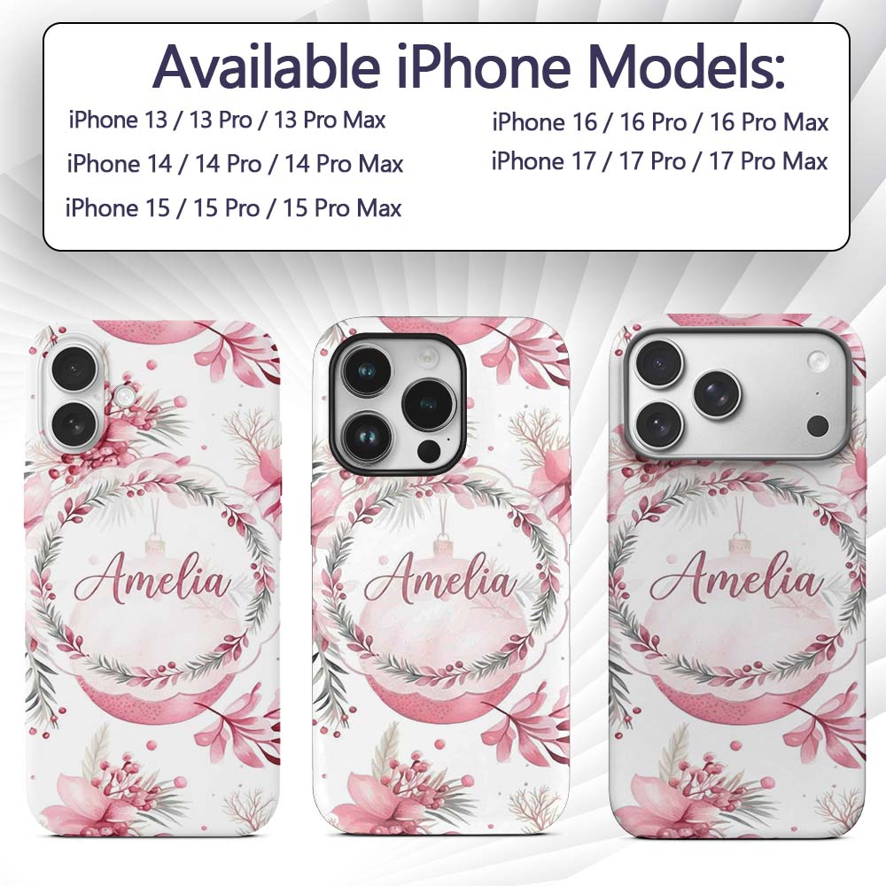 Elegant Pink Watercolor Floral Baubles Winter Custom Name Protective Phone Case Mobile Cover Durable Everyday Smartphone Shock Resistant