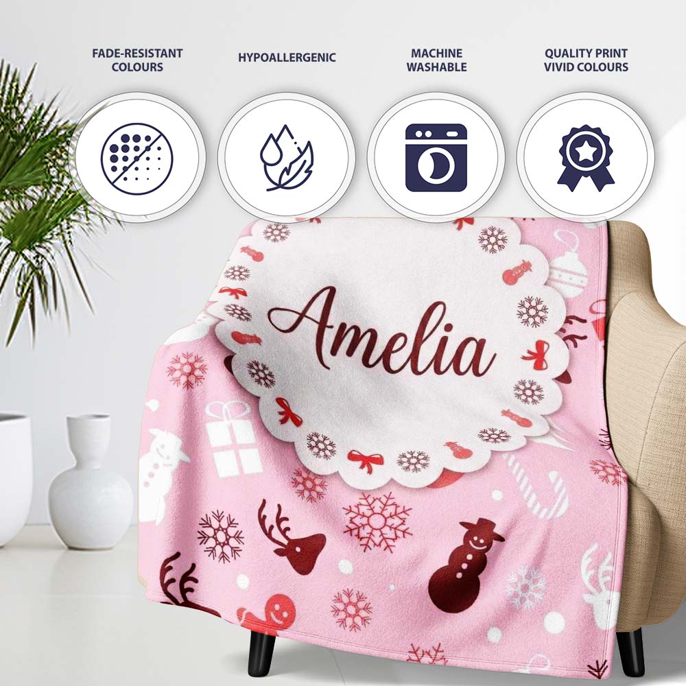 Cute Christmas Snowman Reindeer Candy Seamless Pattern Lovely Personalised Custom Name Super Soft Fleece Blanket Bed Sofa Throw