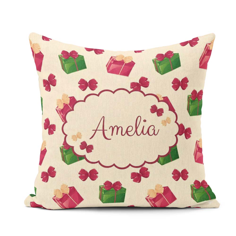 Custom Name Christmas Gift Boxes Bows Red Green Holiday Seamless Square Filled Cushion Throw Pillow Sofa Bed Home Decor Zip Washable UK Made