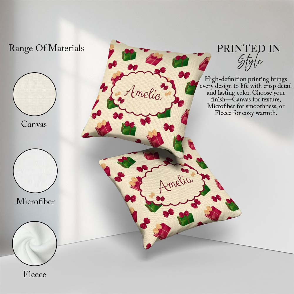 Custom Name Christmas Gift Boxes Bows Red Green Holiday Seamless Square Filled Cushion Throw Pillow Sofa Bed Home Decor Zip Washable UK Made