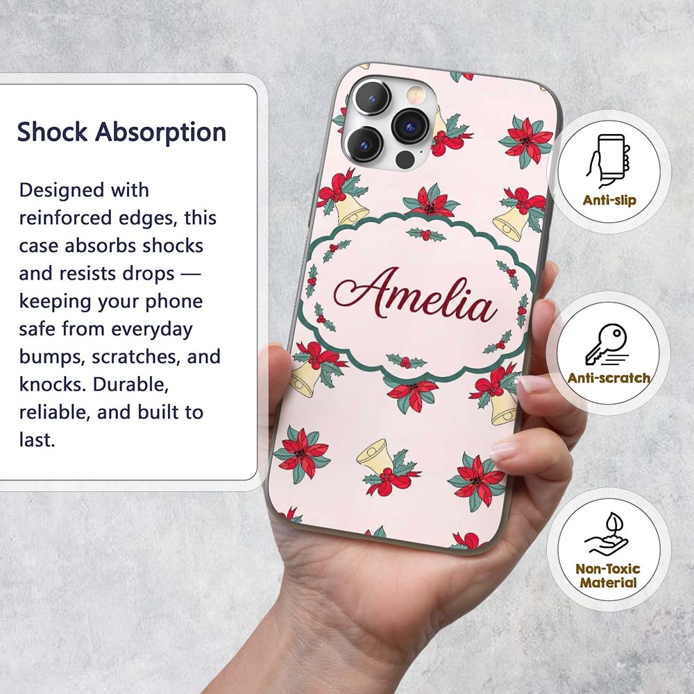 Poinsettia Flower Christmas Bell Holly Seamless Custom Name Protective Phone Case Mobile Cover Durable Everyday Smartphone Shock Resistant