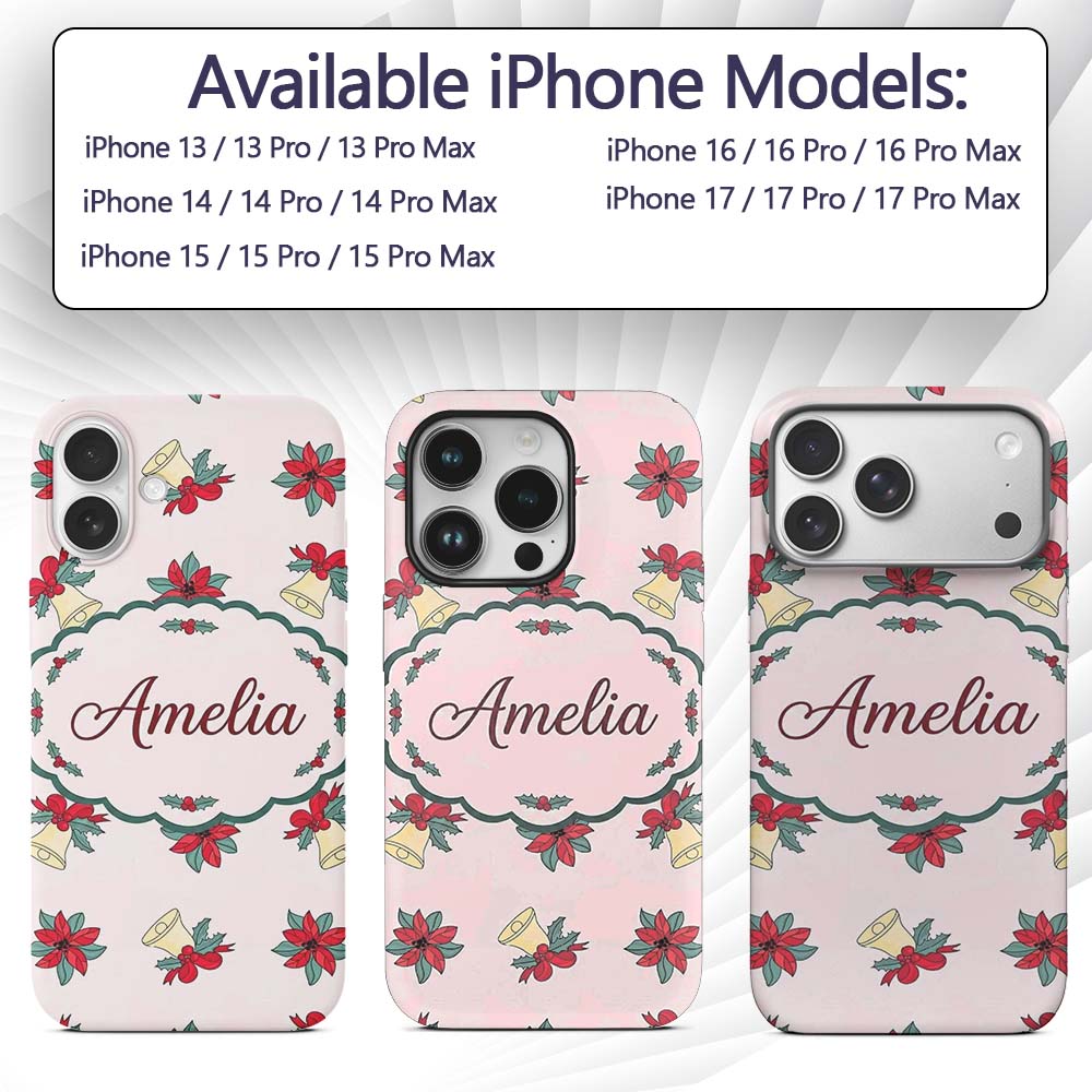 Poinsettia Flower Christmas Bell Holly Seamless Custom Name Protective Phone Case Mobile Cover Durable Everyday Smartphone Shock Resistant